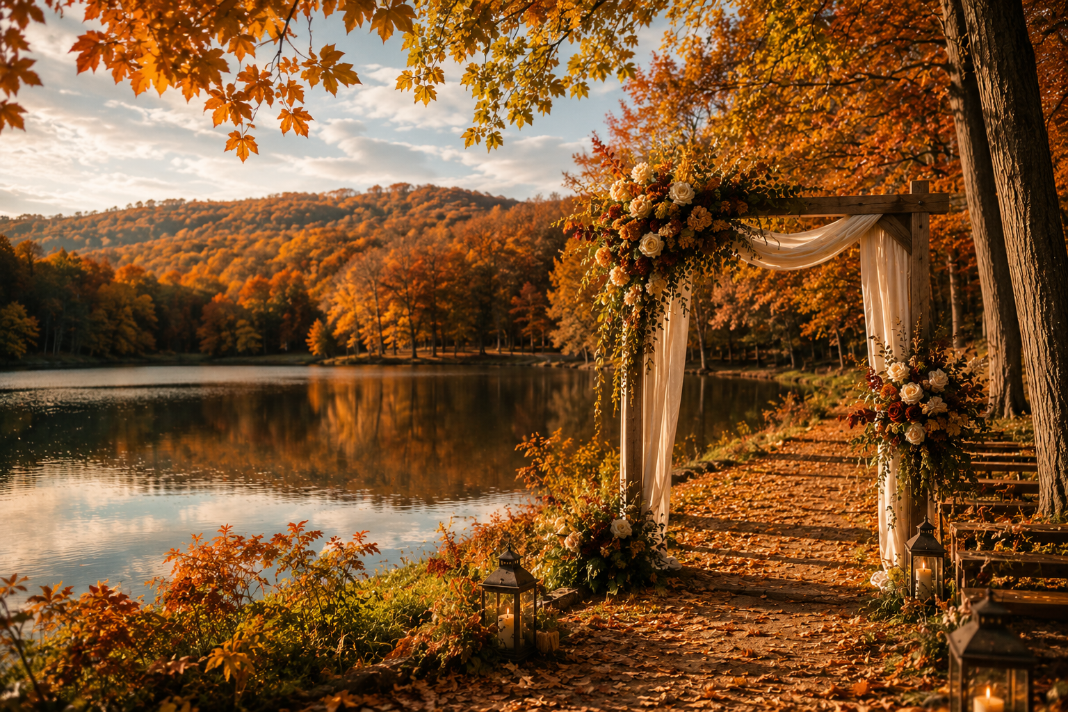 Autumn Grove wedding website theme with golden woodland light